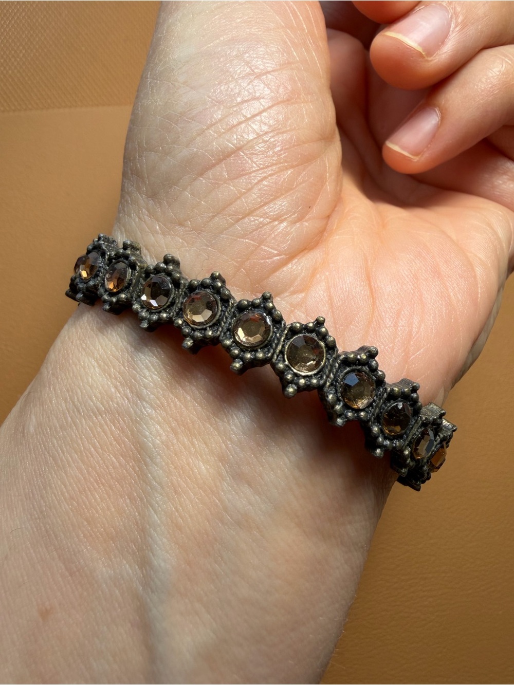Ornate Antiqued Bronze & Crystal Stretch Bracelet | Boho Vintage Style